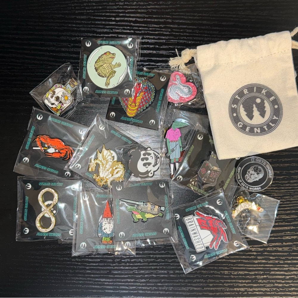 Strike Gently Pin Collection - Massive Lot of 15 Pins and a Small Bag
